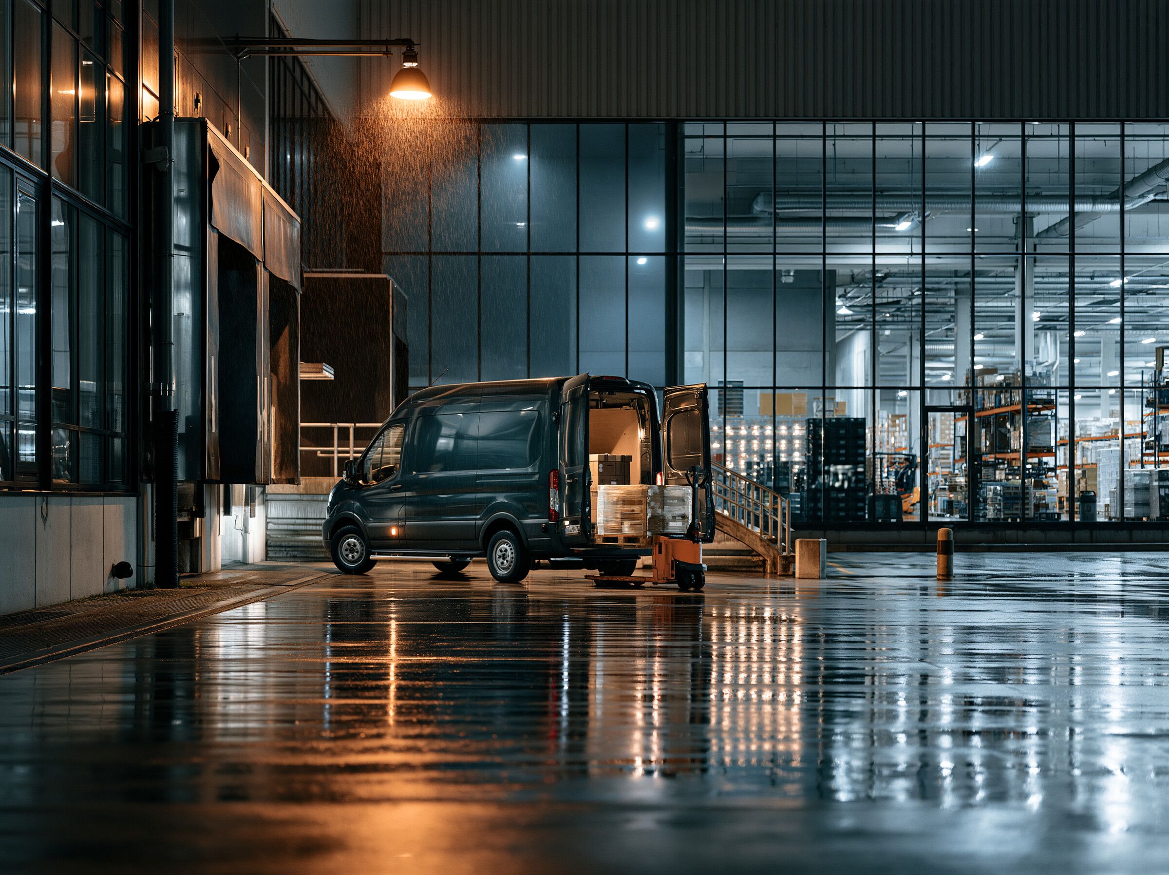 Loading a pallet into a van outside a warehouse in the rain