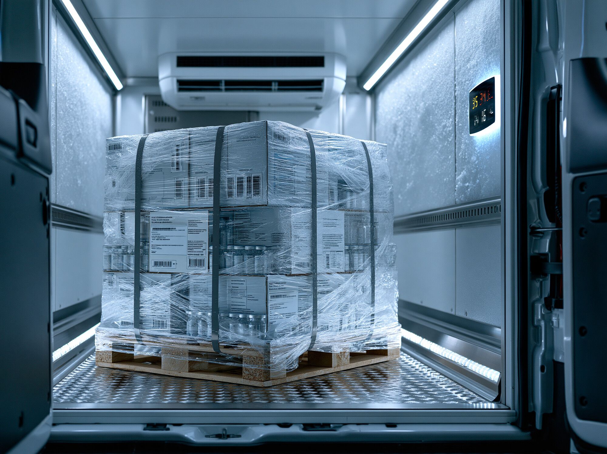 Cargo space of a refrigerated van with a pallet of medicines and a temperature display