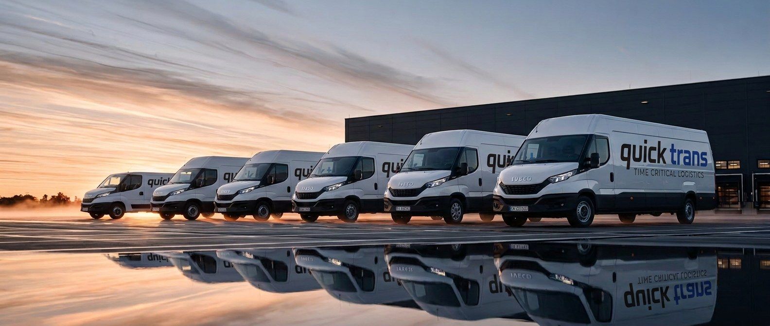 A row of white IVECO vans in QUICK TRANS livery parked in front of a depot hall at dawn, reflected in the wet tarmac