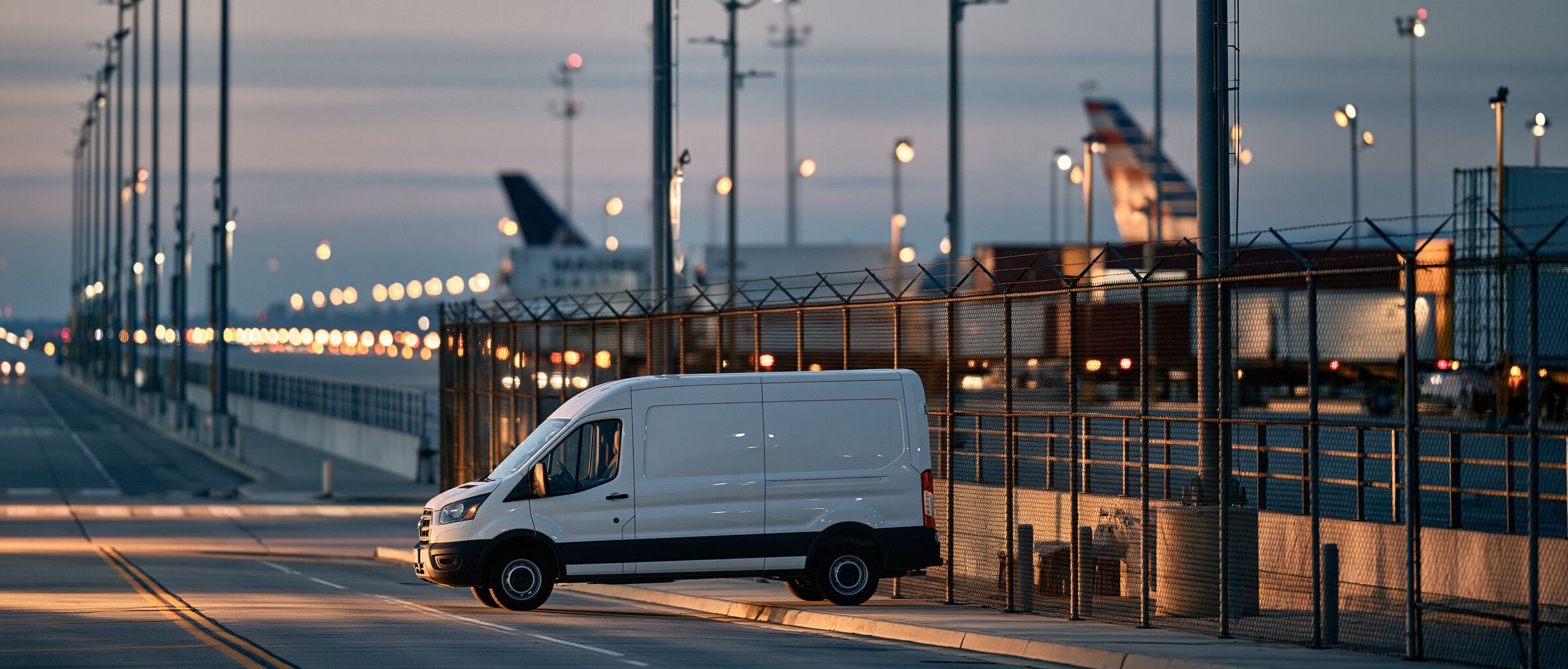 Dodávka pri plote letiskového cargo terminálu za súmraku, v pozadí lietadlo