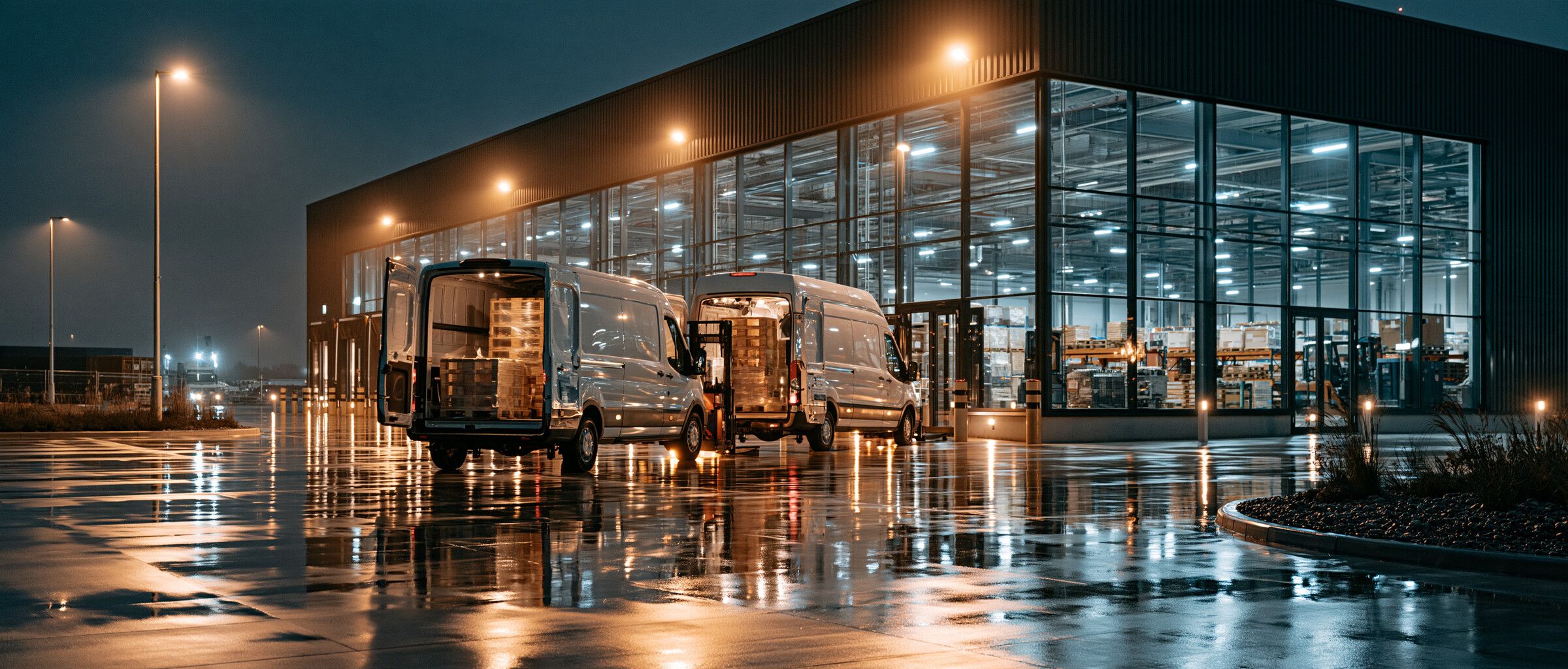 Two vans parked rear to rear while pallets are transferred at night